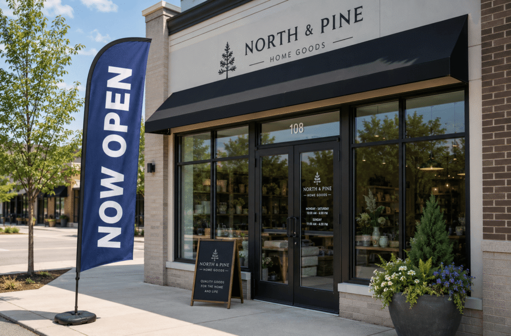 now open banner in front of new store
