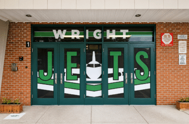 service-1 window graphics on main school doors "wright Jets"