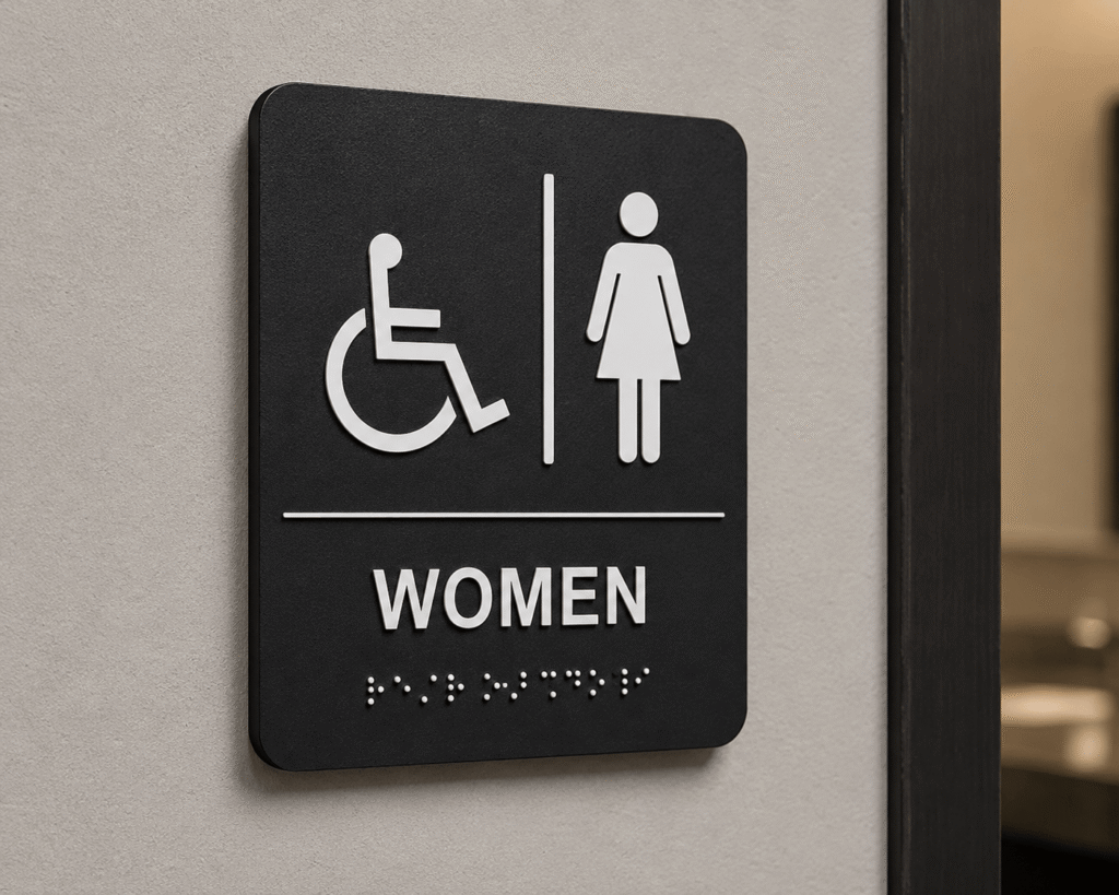 Womens restroom sign close up