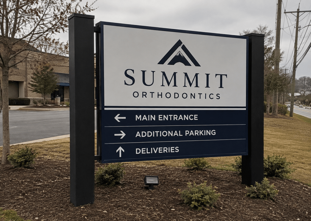 Way finding sign in front of business