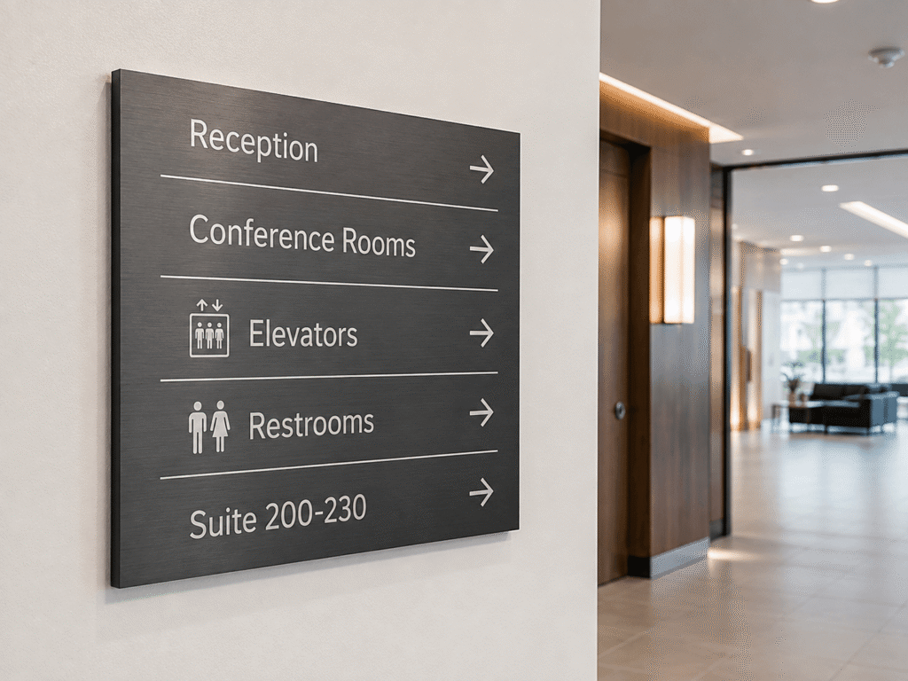 indoor way finder directional sign on wall