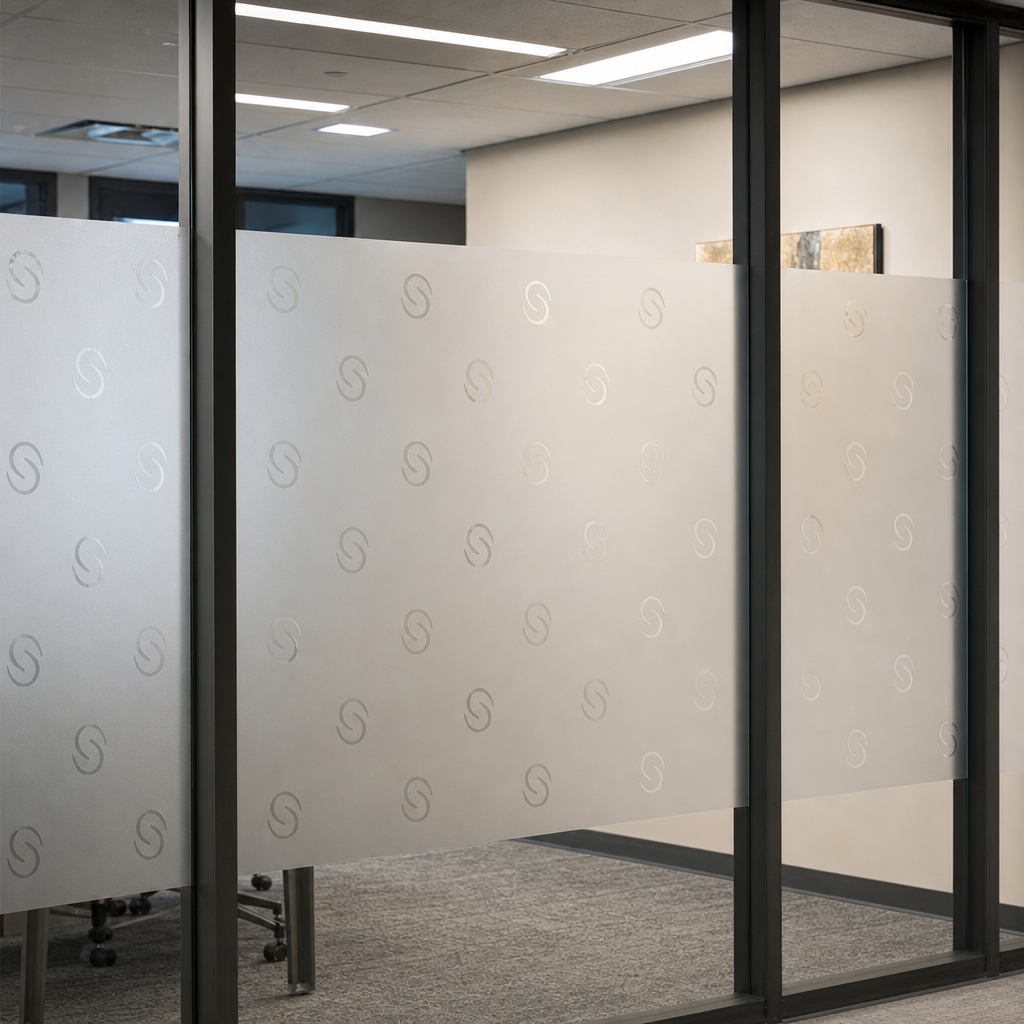 frosted privacy film with subtle logo pattern on business windows