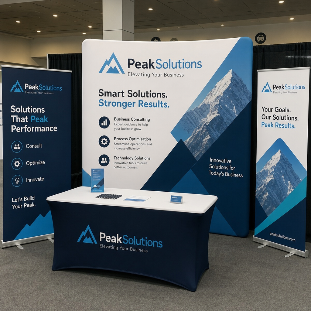 modern trade show booth with branded pop-up display and banners