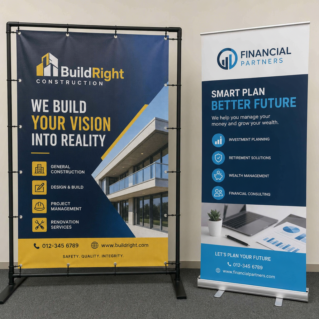 vinyl mesh and retractable banner samples displayed side by side