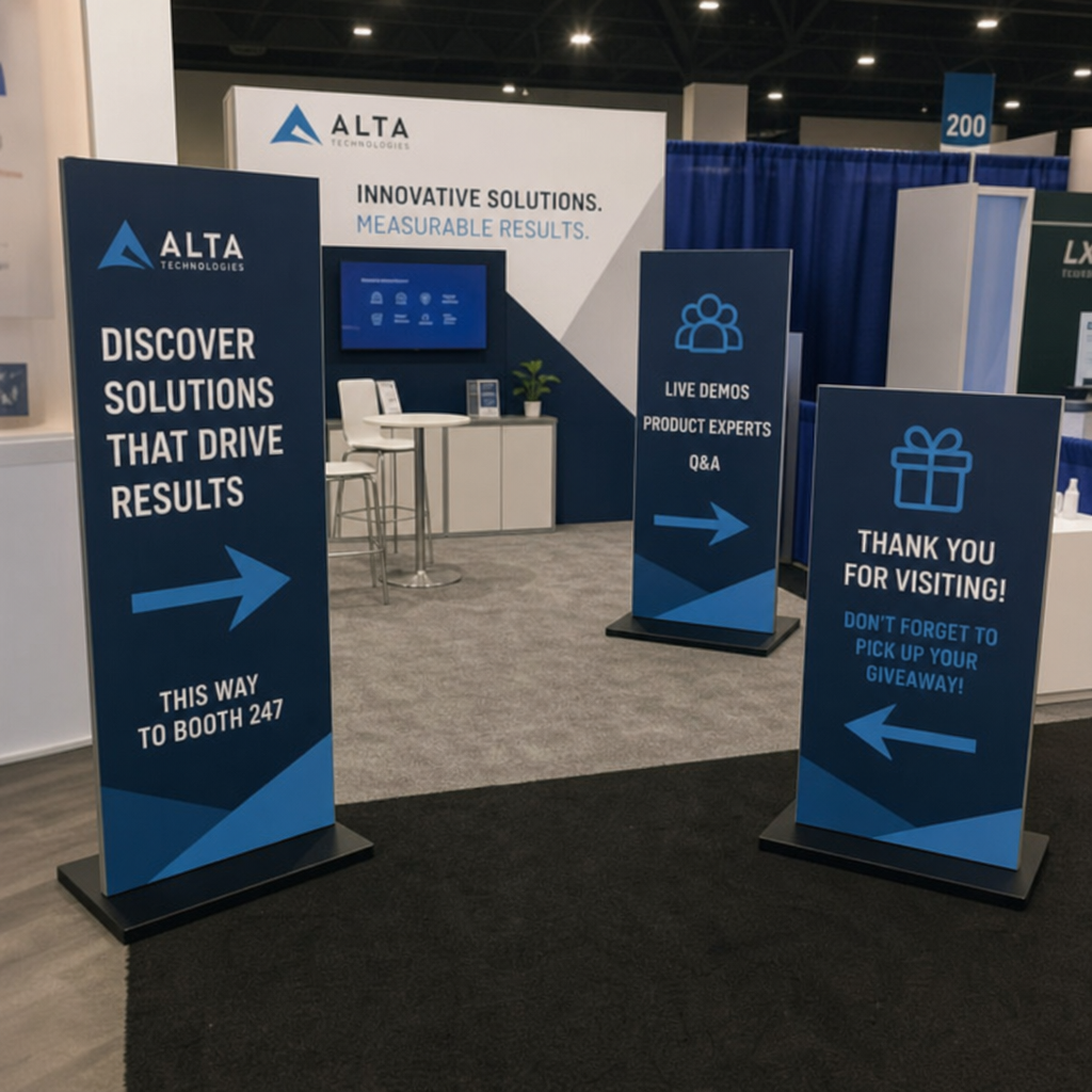freestanding trade show signs arranged to guide booth visitors