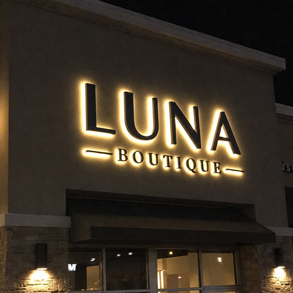 Halo-lit dimensional letters glowing on a storefront wall at night