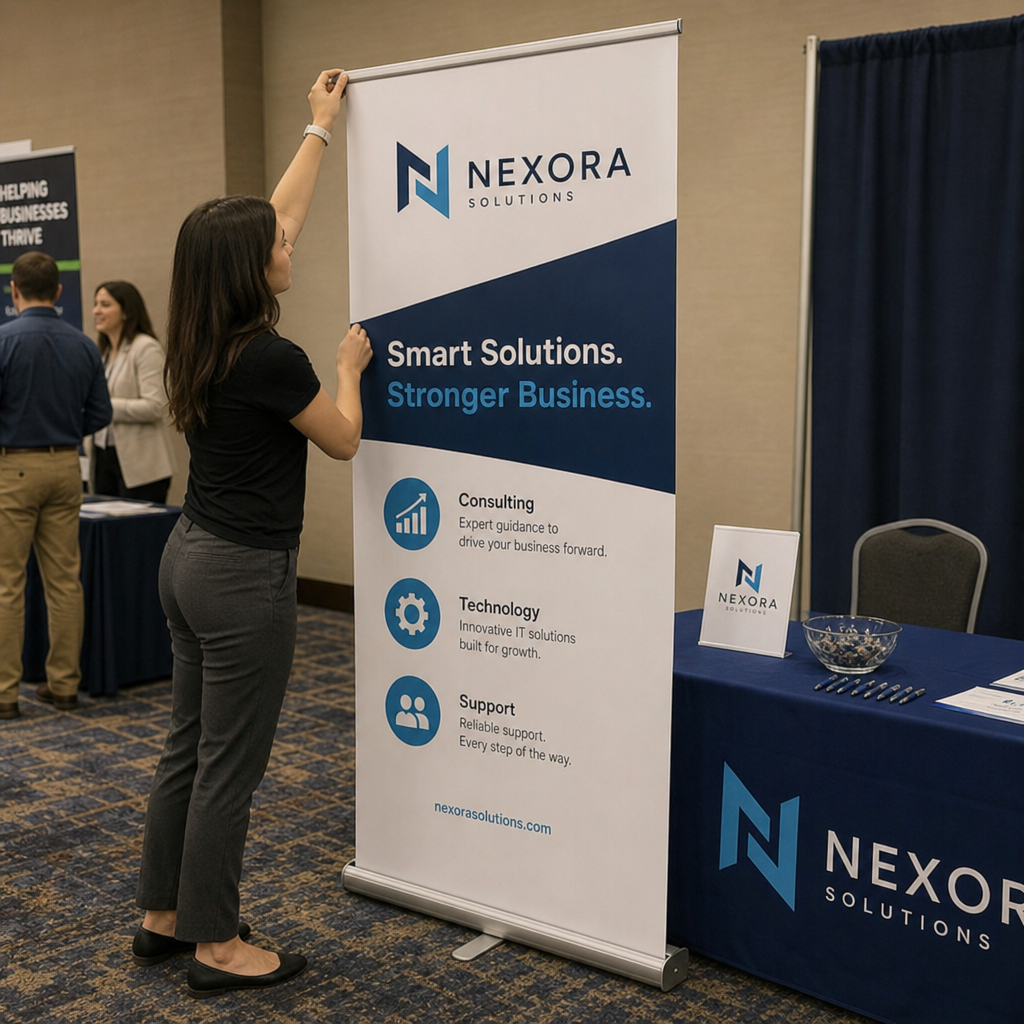 retractable banner being set up at a business event booth