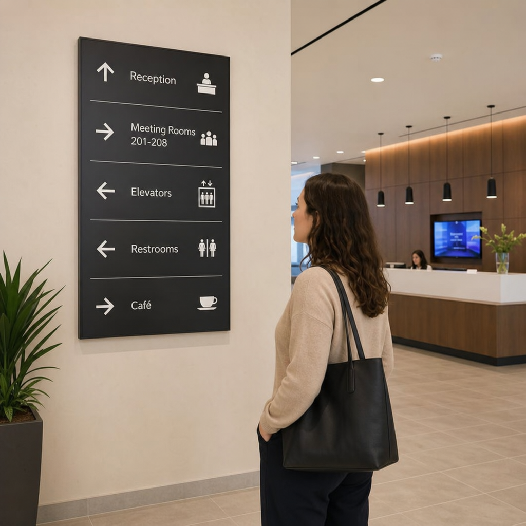 visitor reading directional signage in a modern lobby