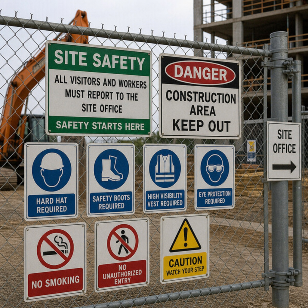 construction safety signs posted near a fenced jobsite entrance