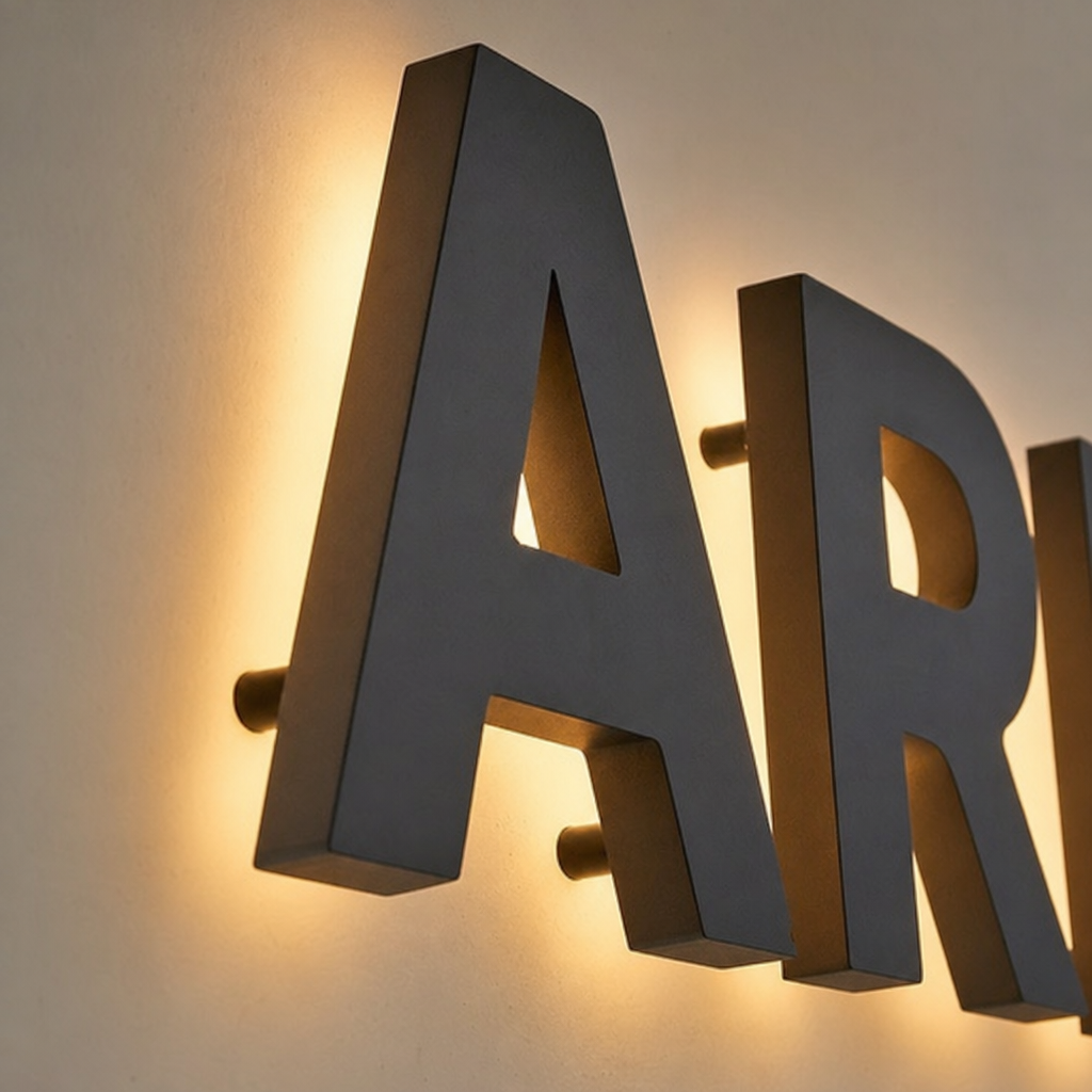 Close-up of illuminated dimensional letters showing standoff mounting and halo glow