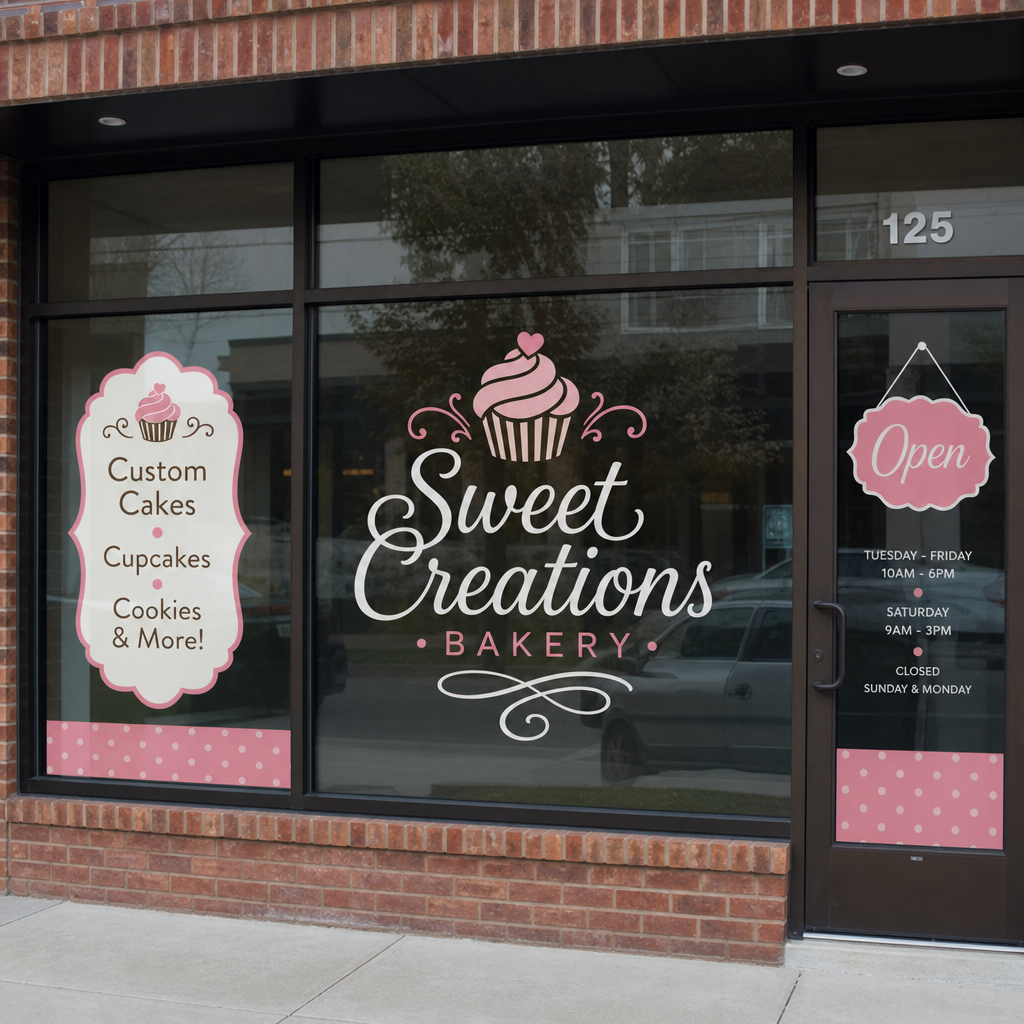 storefront window graphics with business lettering and promotional decals