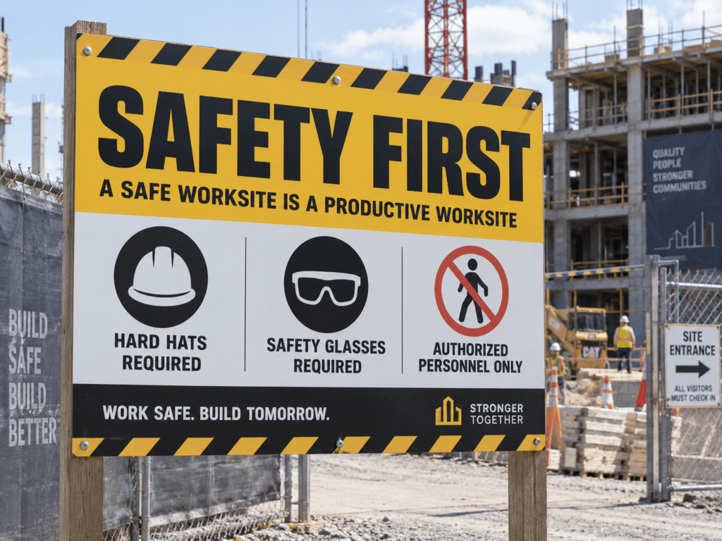 Safety First workplace sign at construction sign