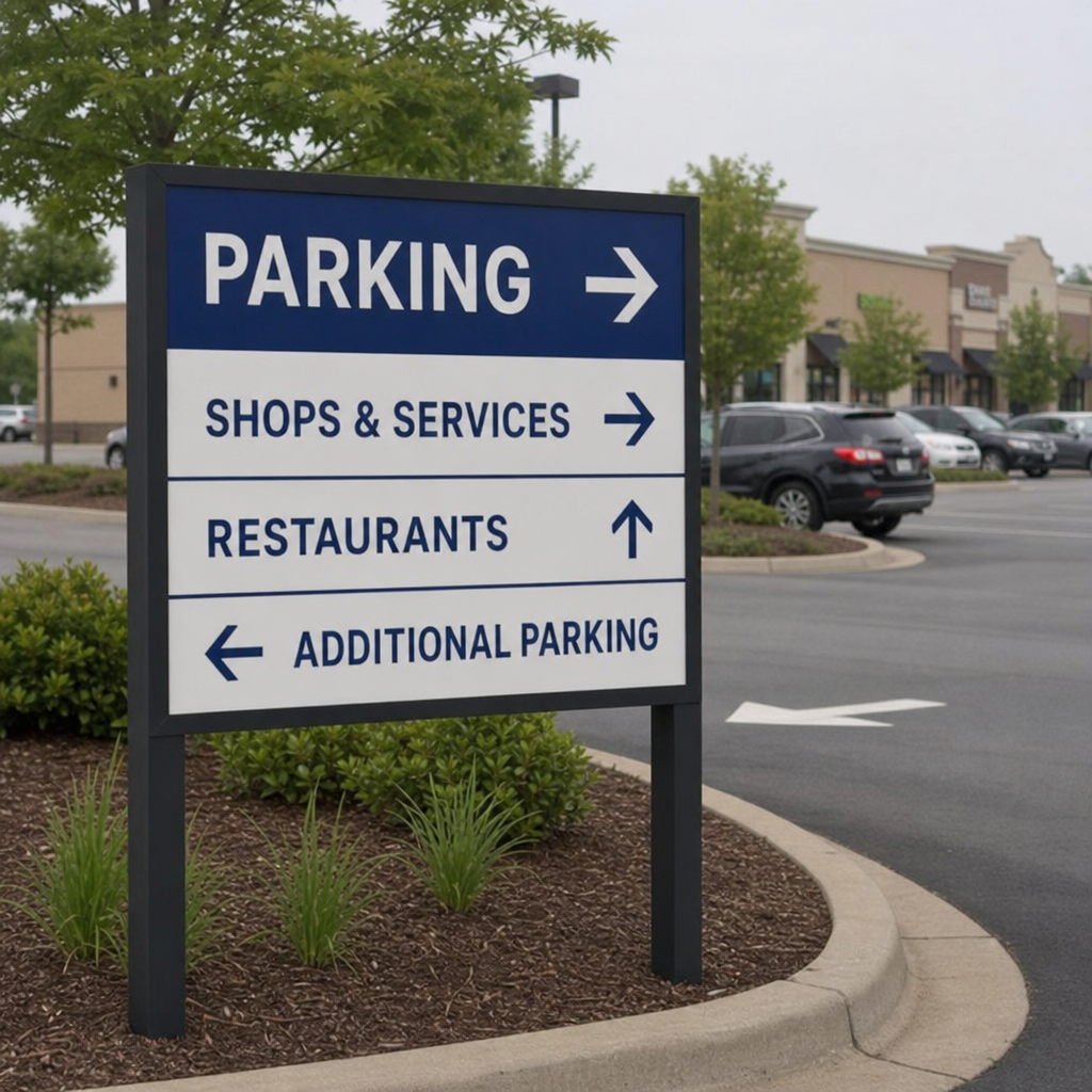 Directional parking sign guiding vehicles through a commercial property