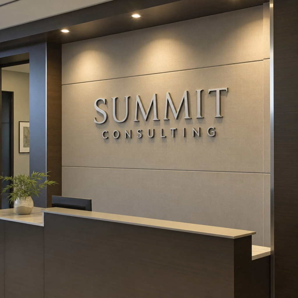 dimensional metal letters installed on a modern reception wall