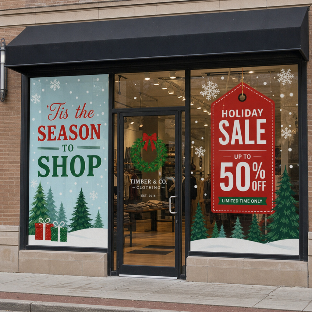 Retail storefront with seasonal promotional window graphics