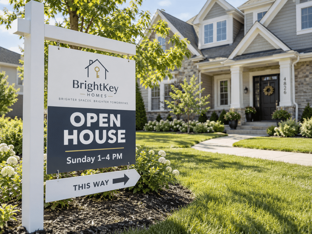 Bright key real estate sign displaying open house
