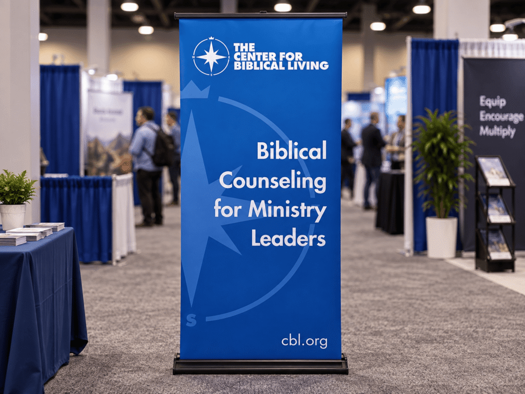The center for biblical living retractable banner on tradeshow floor